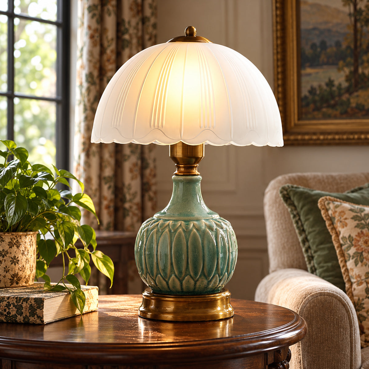 Vintage Green Ceramic Mushroom Table Lamp