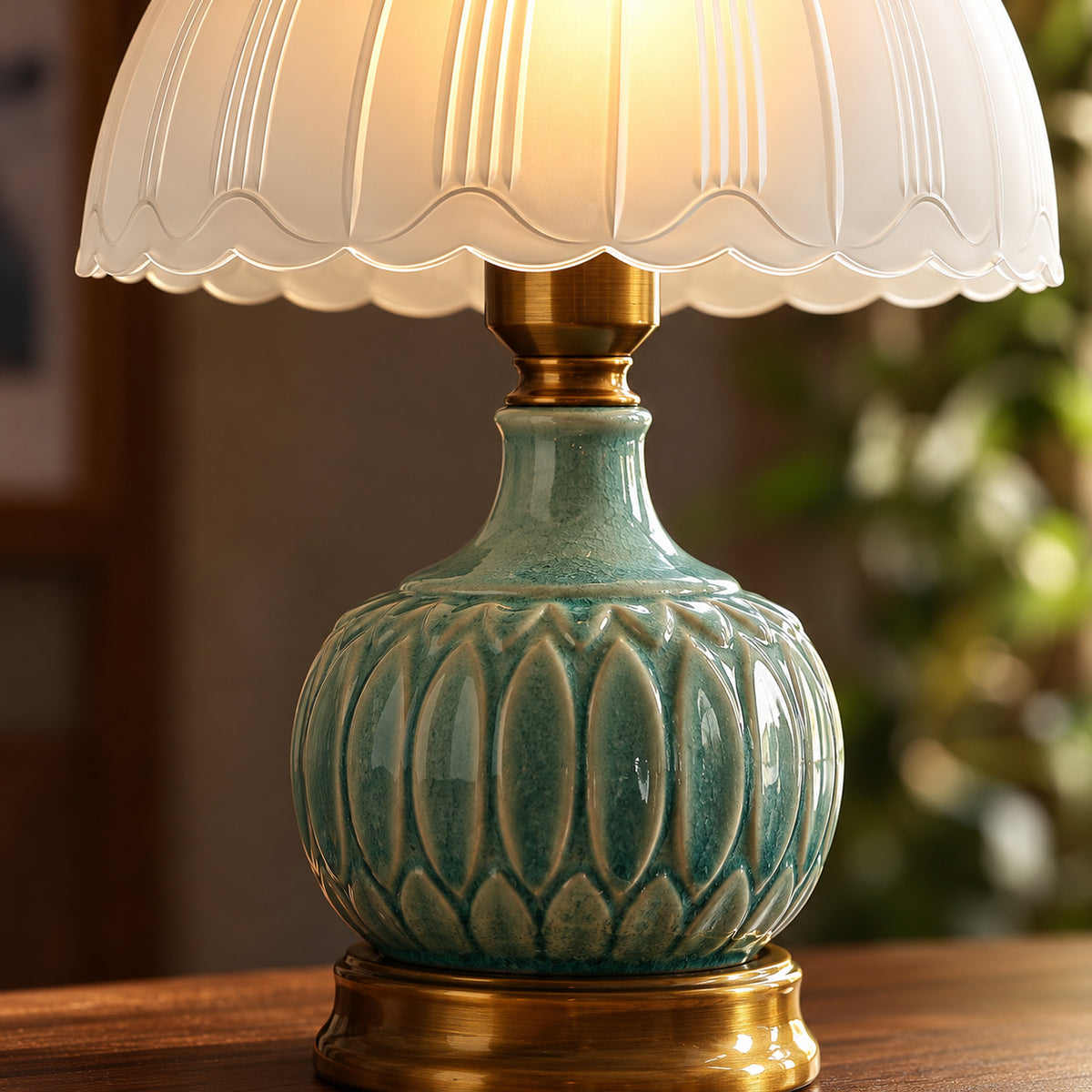 Vintage Green Ceramic Mushroom Table Lamp